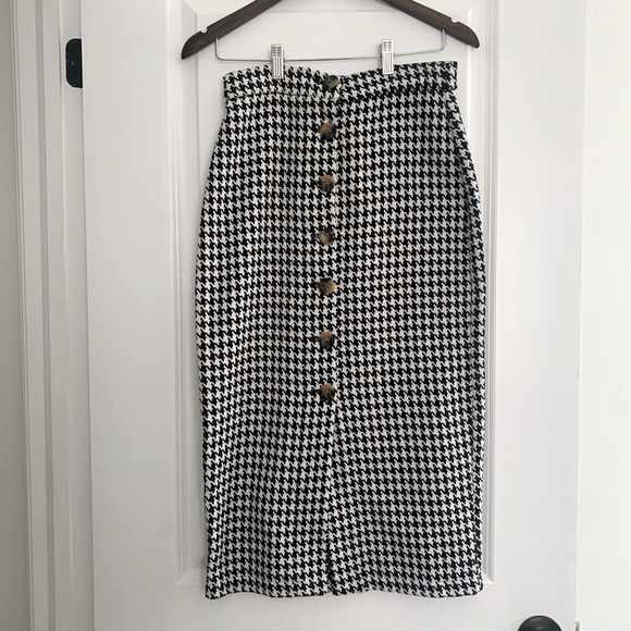 Vintage 80s black and white houndstooth button front midi skirt with slit - Picture 1 of 2